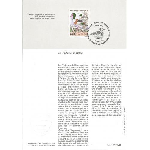 FRANCE 1er Jour  Tadorne de Belon 4.00 Frs 1993  sur document ITVF