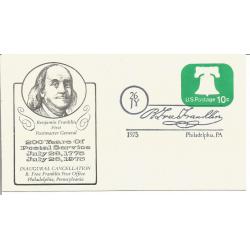 Entier Postal Etats Unis 200ème Anniversaire du Service Postal - Benjamin FRANKLIN & Liberty Bell 10c 1975