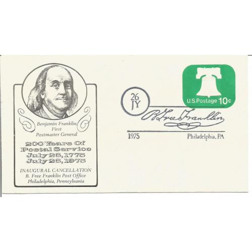 Entier Postal Etats Unis 200ème Anniversaire du Service Postal - Benjamin FRANKLIN & Liberty Bell 10c 1975