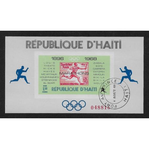 1968 - HAITI   (  Bloc feuillet numéroté réf 26A  Non dentelé Oblitération 1er jour) Vainqueurs des marathons olympiques -Oblitération 1er jour-