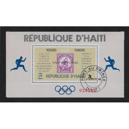 1968 - HAITI   (  Bloc feuillet numéroté réf 26 ) Vainqueurs des marathons olympiques -Oblitération 1er jour