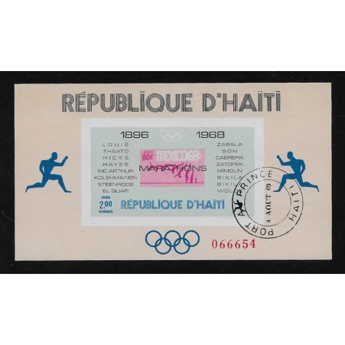 1968 - HAITI   (  Bloc feuillet numéroté réf 27A ) Oblitération 1er jour Vainqueurs des marathons olympiques - pv 6.25 €