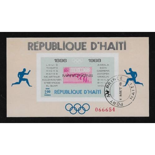 1968 - HAITI   (  Bloc feuillet numéroté réf 27A ) Oblitération 1er jour Vainqueurs des marathons olympiques - pv 6.25 €