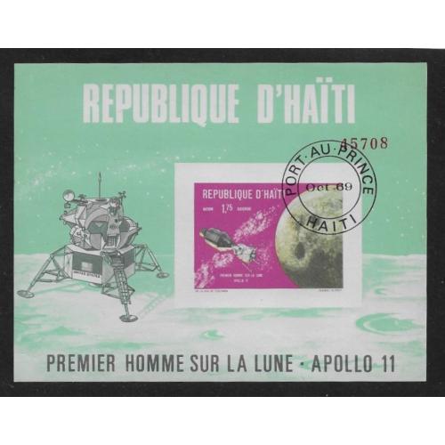 1969 - HAITI   (  Bloc feuillet numéroté réf 28 ) Non dentelé Oblitération 1er jourAPOLLO 11 -1er Homme sur la lune  -
