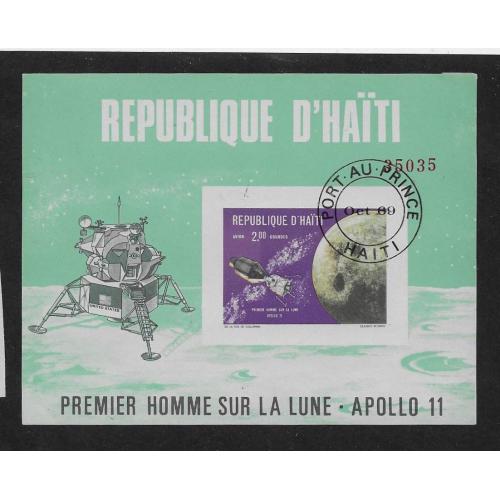 1969 - HAITI   (  Bloc feuillet numéroté réf 30) Oblitération 1er jour APOLLO 11 -1er Homme sur la lune  -  non dentelé -(1)