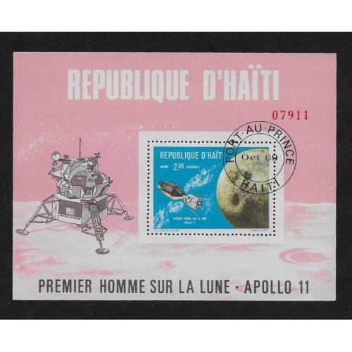 1969 - HAITI   (  Bloc feuillet numéroté réf 28)  Non dentelé  -Oblitération 1er jour APOLLO 11 -1er Homme sur la lune  -