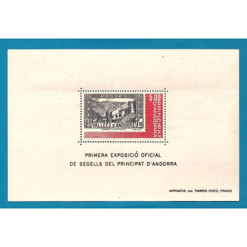 1982 - ANDORRE  -BLOC de la 1ére expo officielle des timbres d'Andorrans  (réf 1  CHAPELLE DE MERIXELL )