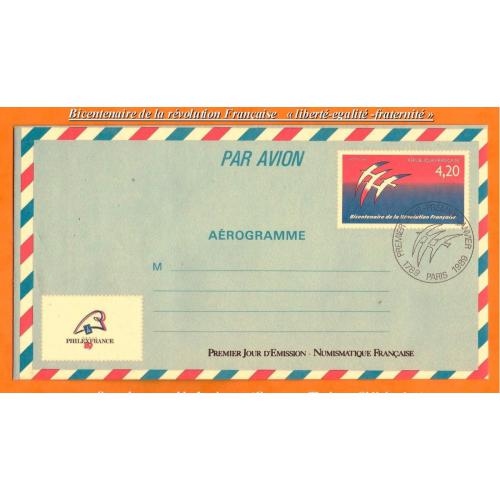 1989   FRANCE  (réf 2560 logo de J-M. FOLON)  BICENTENAIRE DE LA REVOLUTION -Aérogramme PHILEXFRANCE 89 de PARIS - 75_