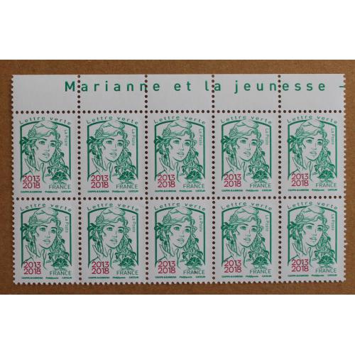 T4-E12 : Marianne Lettre verte surchargée 2013-2018 avec marge Marianne et la jeunesse