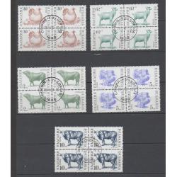 Bulgarie 3358/62 animaux de la ferme série complète en blocs de 4 avec belle oblitération centrale