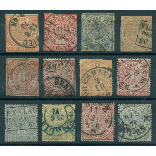 12 timbres de la Confédération de l'Allemagne du Nord
