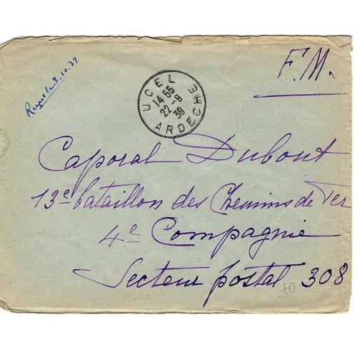 lettre en franchise militaire du 22/09/1939