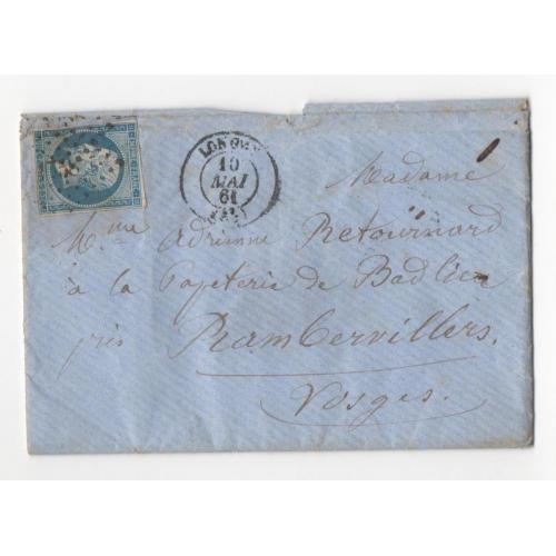 LAC de Longwy (52) pour Rambervillers (82) du 10 mai 1861. Losange PC 1758. Timbre YT n°14A