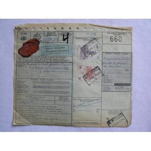 Bulletin d'expédition des chemins de fer de Belgique. Bulletin d'expédition d'un colis de 0,240 kg, colis postal n°660