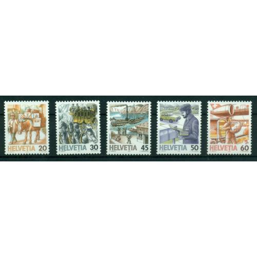 5 timbres neufs** de SUISSE. Le transport postal de 1987