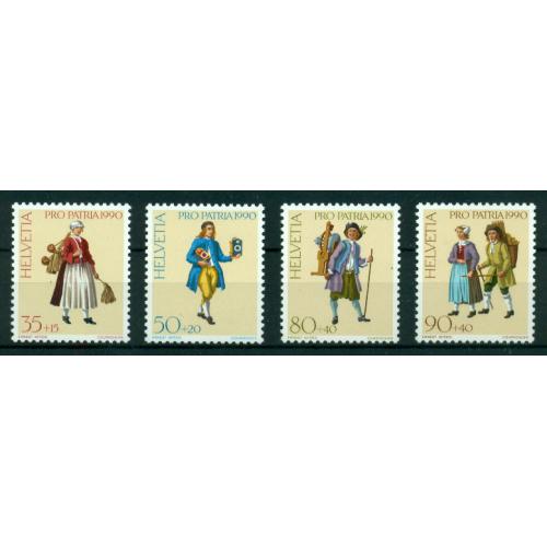 4 timbres neufs** de SUISSE. Les crieurs Zurichois de 1990