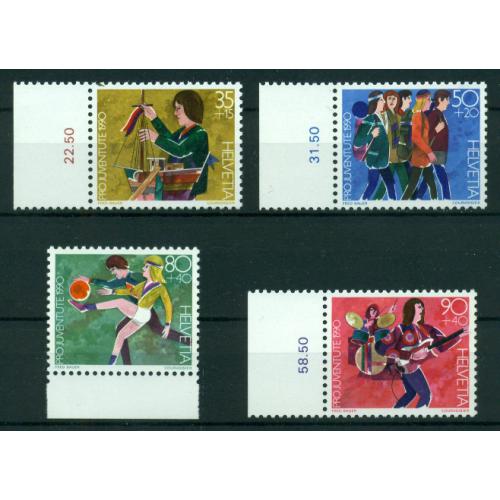 4 timbres neufs** de SUISSE. Les loisirs de 1990