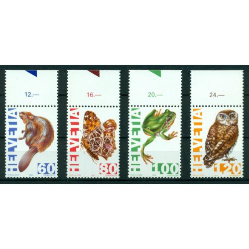 4 timbres neufs** de SUISSE de 1995. Espèces animales indigènes menacées