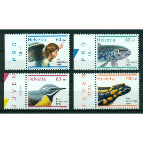 4 timbres neufs** de SUISSE. Noël et animaux de 1995