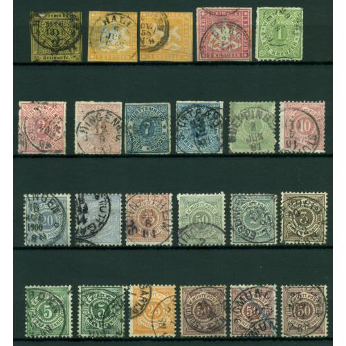 23 timbres du WUTTEMBERG de 1851 à 1890