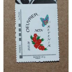 P2-P1 : Timbre-poste personnalisé filet gris foncé / Oeuvrer, non retenir / Fleur - Papillon