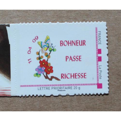P2-P2 : Timbre-poste personnalisé filet rose / Bonheur passe richesse