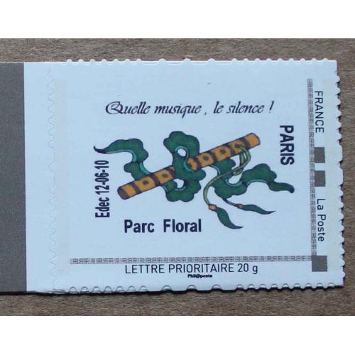 P1-O4 : Timbre-poste personnalisé filet marron-gris / Salon philatélique Parc floral 2010 / Quelle musique, le silence !