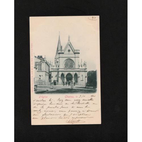 Chatou: l'église. CPA de 1901 affranchie avec deux timbres perforés