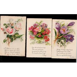 Lot de 3 CPA fantaisie 1931/32 éditions Cellaro série Poésie thème fleurs