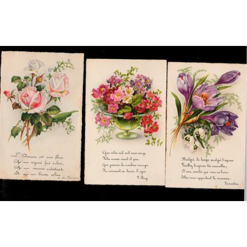 Lot de 3 CPA fantaisie 1931/32 éditions Cellaro série Poésie thème fleurs