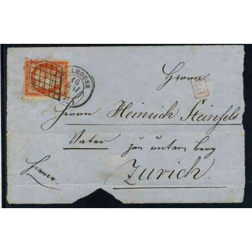 Lettre (devant) 40 cts orange Cérès 2° échelon tarif Frontalier Suisse ( ZURICH) du 16 mai 1851, de Mulhouse, rare