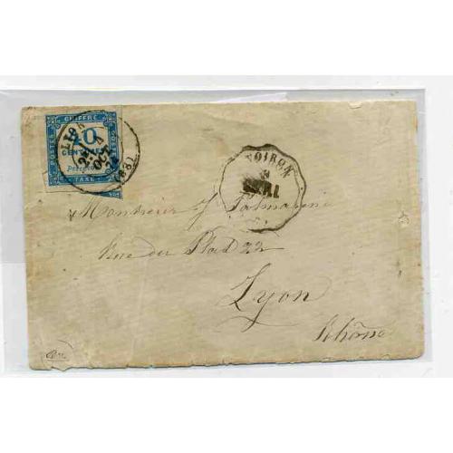 Lettre taxée 40 ct bleu lyon 4 oct 1874 signée Calves, rare