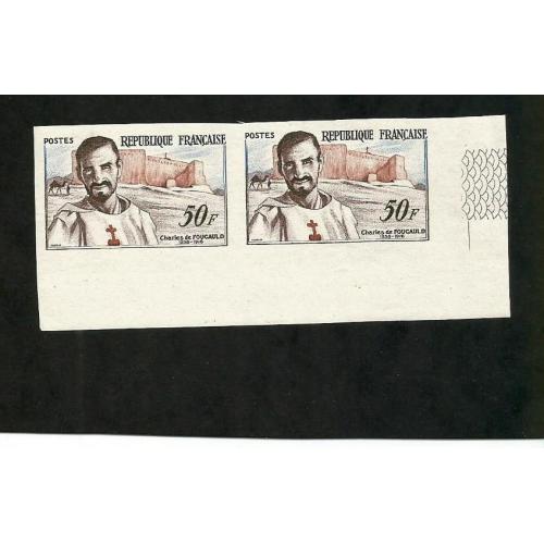 Timbre  Charles de FOUCALD 50 Frs 1959 Yvert n°1191 - Paire Non Dentelée ND Coin de Feuille 